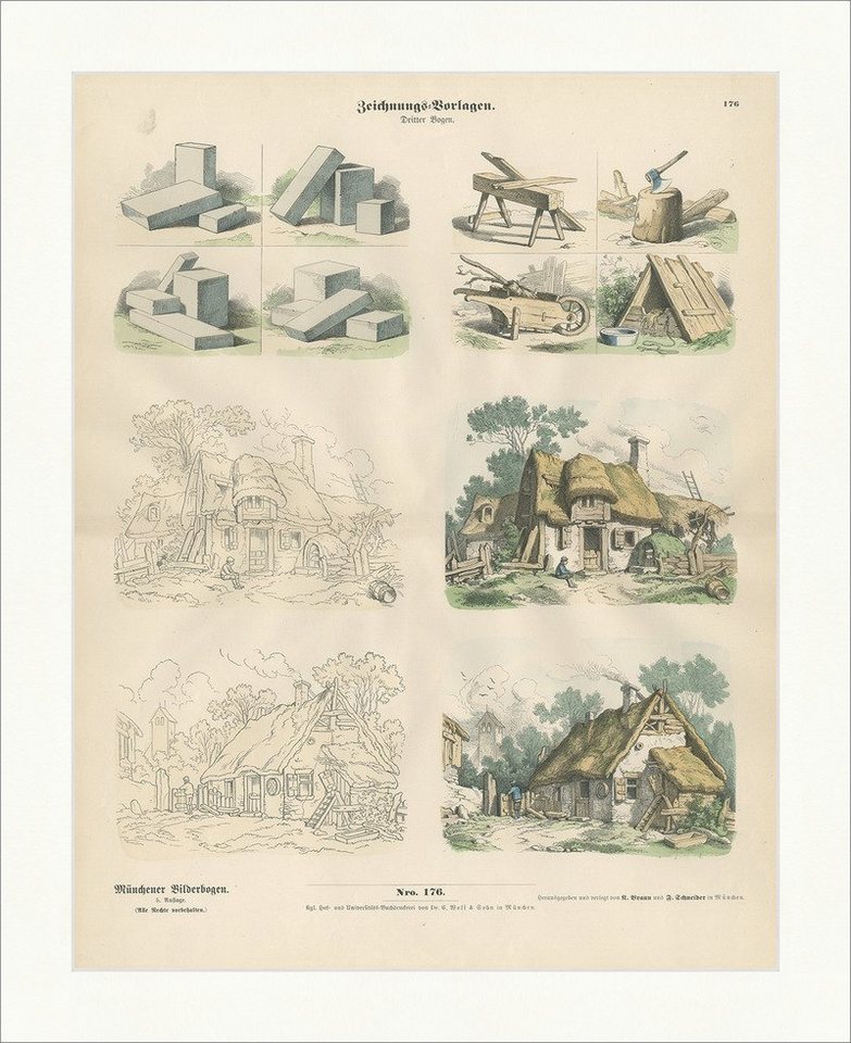 BillerAntik Kunstdruck Zeichnungs-Vorlagen III Quader Holz Haus Axt Holzstich Münchener Bilde, (1 St) von BillerAntik