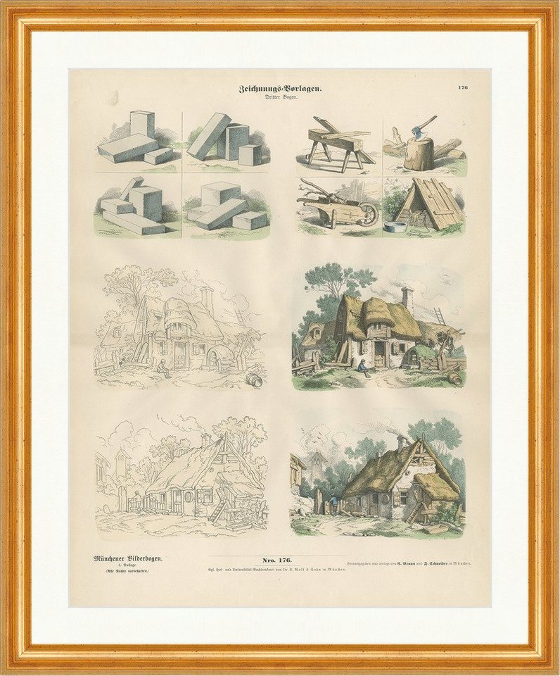 BillerAntik Kunstdruck Zeichnungs-Vorlagen III Quader Holz Haus Axt Münchener Bilderbogen 176, (1 St) von BillerAntik