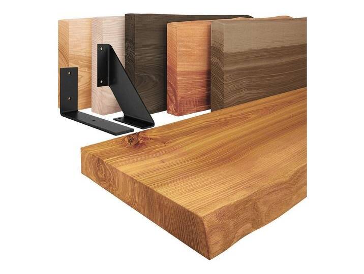 LAMO Manufaktur Wandregal Holz Baumkante Regal Farbe: Rustikal mit schwarzem Basic 40 cm, Komplett-Set, 40mm stake Massivholzplatte von OTTO