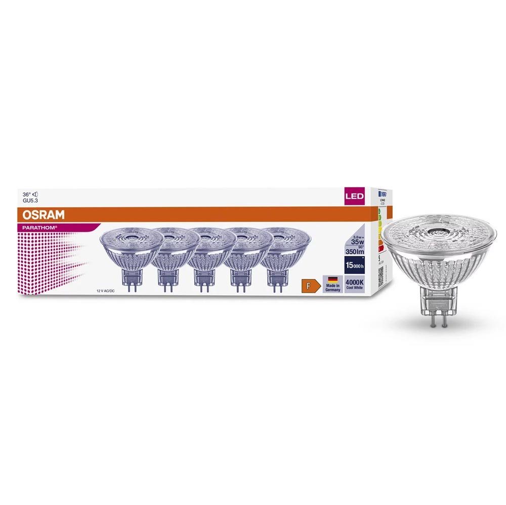 Osram LED-Leuchtmittel MR16 Glas Reflektor 5er-Set 3,8W = 35W GU5,3 12V 350lm 36° Ra>90 4000K, Neutralweiß von Osram