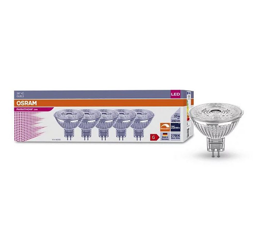 Osram LED-Leuchtmittel MR16 Glas Reflektor 5er-Set 4,9W = 35W GU5,3 12V 350lm 36° Ra>90 2700K, warmweiß, Dimmbar von Osram