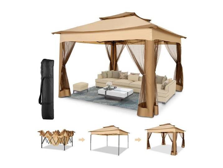 LUCKZON Pavillon 3*3 m Faltbar Gartenzelt mit 4 Gaze Seitenteilen UV-Schutz 50+, mit 4 Seitenteilen, Doppeltes Dach mit Belüftungsloch, inkl. Tragetasche von OTTO