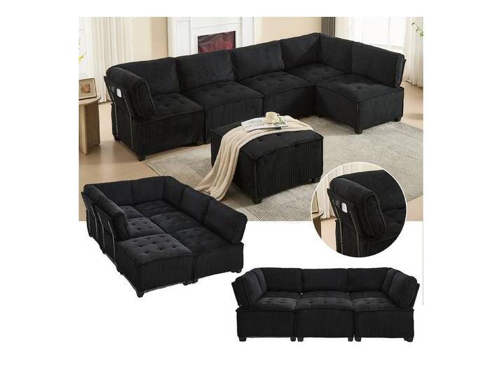 LVHOM Loungesofa Modulares 6er-Sofa mit Ottomane, Großformat U/L-Form + Schlaffunktion, 6 einzelne Module kombinierbar als U-/L-Form, Zweisitzer, Dreisitzer oder 164×230cm Schlafsofa. Stabiler Hybridrahmen (Holz/Metall, 400kg Last) mit bodenschonenden Kunststofffüßen, Ergonomische Rücken-/Armlehnen, Atmungsaktiver Cordbezug von OTTO