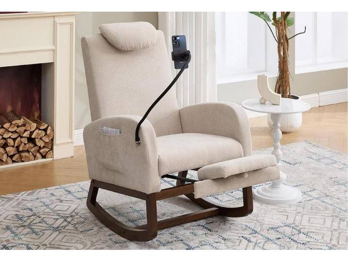 LVHOM Schaukelstuhl mit hoher Rückenlehne und Kopfstütze, massiver Holzrahmen (weicher Stoff, Handyhalter, bis 100kg), ausziehbarer Fußstütze,für Wohnzimmer/Schlafzimmer/Büro/Leseecke von OTTO