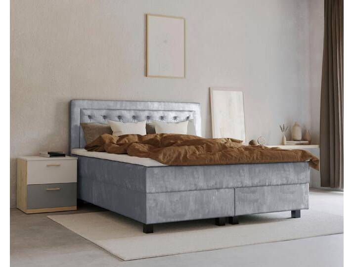Leonique Boxspringbett Jeanne, inkl. Topper mit Taschen-Federkernmatratze, grau, H2, hellgrau von OTTO