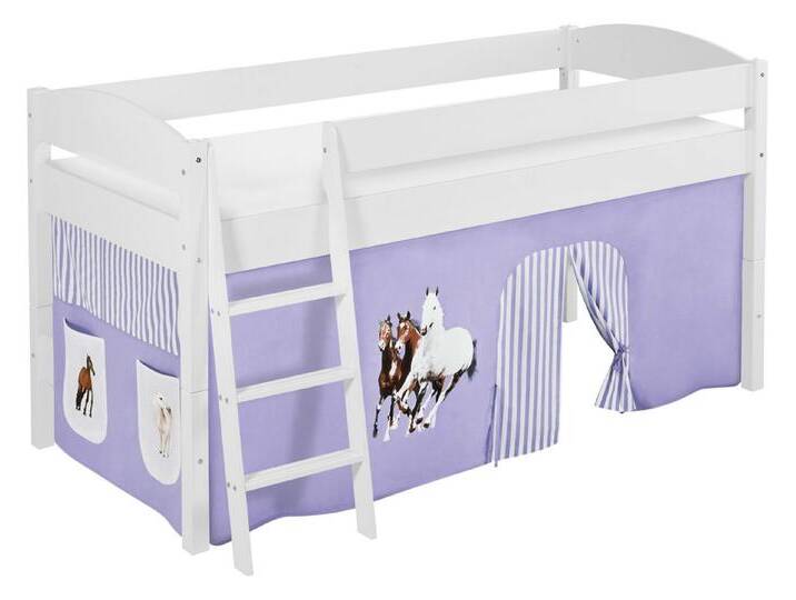 Lilokids Hochbett Hochbett IDA 4105 - Teilbares Systemhochbett weiß mit Vorhang inkl. Leiter und Vorhang, lila von OTTO