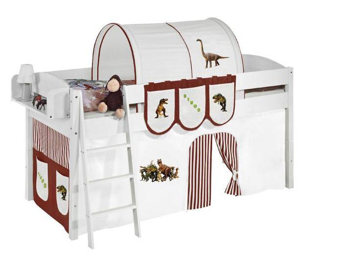 Lilokids Hochbett Spielbett IDA Dinos - Teilbares Systemhochbett weiß mit Vorhang umbaubar in Einzelbett, Hochbett oder L-Etagenbett, 4105, braun von OTTO