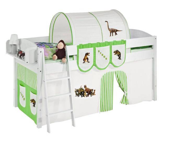 Lilokids Hochbett Spielbett IDA Dinos - Teilbares Systemhochbett weiß mit Vorhang umbaubar in Einzelbett, Hochbett oder L-Etagenbett, 4105, grün von OTTO