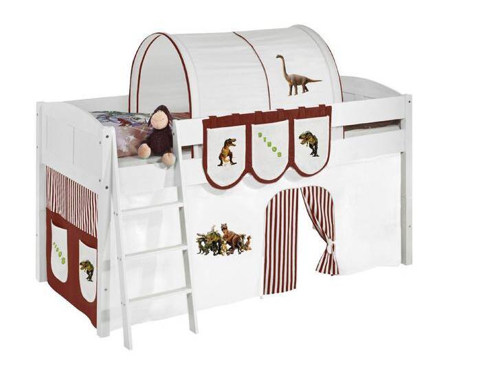 Lilokids Hochbett Spielbett IDA Dinos - Teilbares Systemhochbett weiß mit Vorhang umbaubar in Einzelbett, Hochbett oder L-Etagenbett, 4106, braun von OTTO