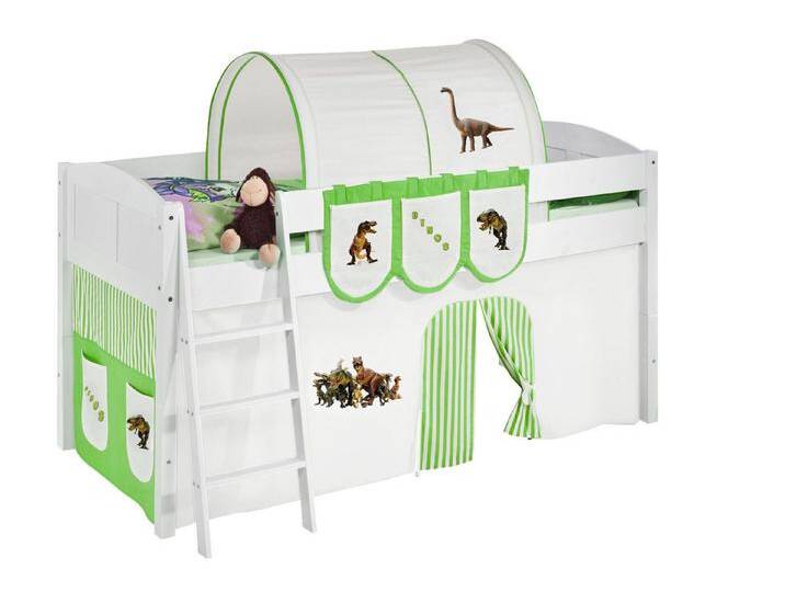 Lilokids Hochbett Spielbett IDA Dinos - Teilbares Systemhochbett weiß mit Vorhang umbaubar in Einzelbett, Hochbett oder L-Etagenbett, 4106, grün von OTTO