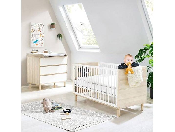 Lomadox Babyzimmer-Komplettset FERRARA-134, (2-tlg), Babyzimmer Set mit Babybett und Wickelkommode in weiß mit Esche Dekor, weiß von OTTO