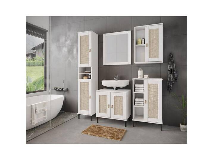 Lomadox Badmöbel-Set WATFORD-69, (Spar-Set, 5-St., Waschbeckenunterschrank Spiegel Regal Hängeschrank), Kiefer massiv weiß, Rattaneinsatz, Boho-Chic von OTTO
