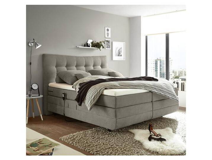 Lomadox Boxspringbett MALIBU-09, sand in 180x200cm mit 7-Zonen-Tonnentaschenfederkern-Matratze, braun, Visco-Topper, elektrisch verstellbar von OTTO