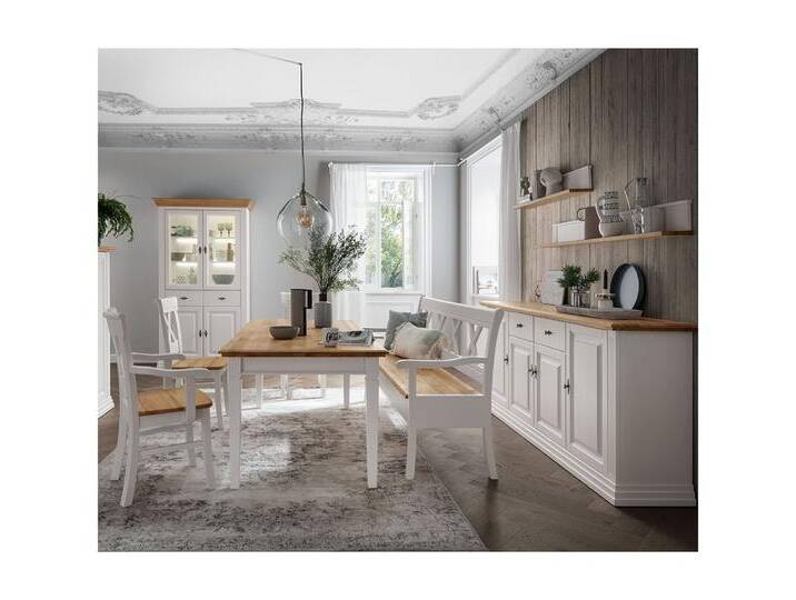 Lomadox Esszimmer-Set ESBJERG-69, (Spar-Set, 8-St), Kiefer weiß lackiert mit Eiche geölt, Landhausstil, inkl. Beleuchtung, weiß, Esstisch 200x100 cm von OTTO