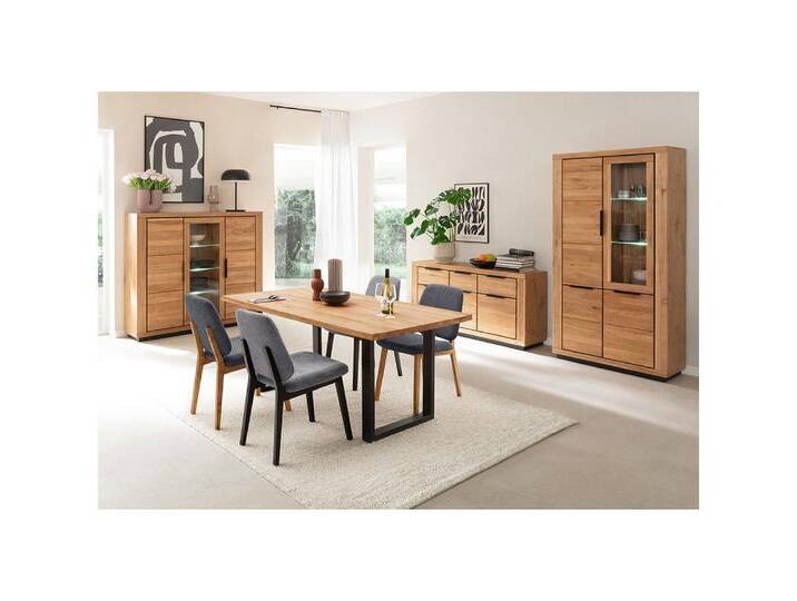 Lomadox Esszimmer-Set GIUSTINO-06, (Spar-Set, 4-St., Highboard Sideboard Vitrine Tisch), Eiche teilmassiv geölt, Massivholzfronten, LED-Beleuchtung von OTTO