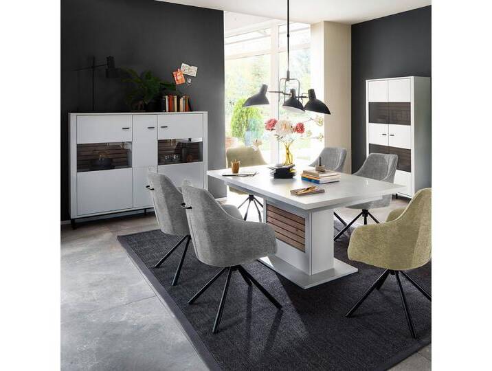 Lomadox Esszimmer-Set LAUREANA-05, (Spar-Set, 3-St., Highboard Vitrine Esstisch), Esszimmermöbel, weiß mit Eiche, ausziehbarer Esstisch 180/230/280cm von OTTO