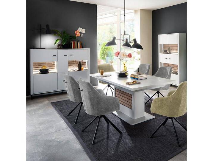 Lomadox Esszimmer-Set LAUREANA-05, (Spar-Set, 3-St., Highboard Vitrine Esstisch), Esszimmermöbel,weiß Eiche, ausziehbar 180/230/280cm, LED-Beleuchtung von OTTO