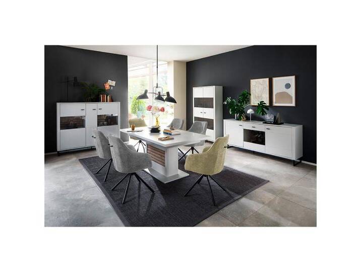 Lomadox Esszimmer-Set LAUREANA-05, (Spar-Set, 4-St., Highboard Vitrine Sideboard Esstisch), Esszimmermöbel, weiß mit Eiche, ausziehbarer Esstisch 180/230/280cm von OTTO