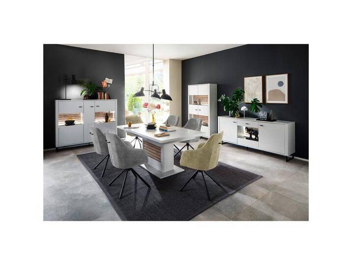 Lomadox Esszimmer-Set LAUREANA-05, (Spar-Set, 4-St., Highboard Vitrine Sideboard Esstisch), Esszimmermöbel,weiß Eiche, ausziehbar 180/230/280cm, LED-Beleuchtung von OTTO