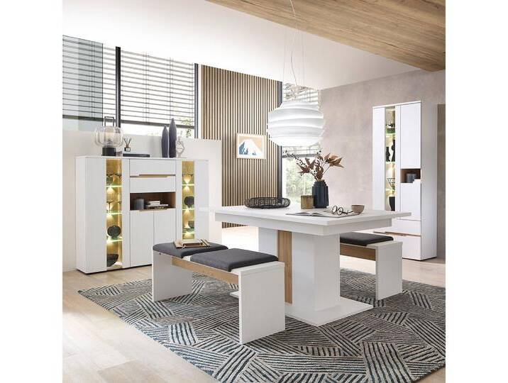 Lomadox Esszimmer-Set MANRESA-36-WHITE, (Spar-Set, 5-St., Highboard Vitrine Esstisch Sitzbänke), in weiß supermatt mit Eiche, Bänke mit Sitzkissen von OTTO