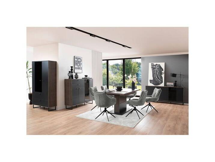 Lomadox Esszimmer-Set VARAZZE-05, (Spar-Set, 4-St., Vitrine Highboard Sideboard Esszimmertisch), Softblack mit Eiche Furnier, zum Teil montiert von OTTO