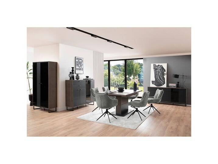 Lomadox Esszimmer-Set VARAZZE-05, (Spar-Set, 4-St., Vitrine Highboard Sideboard Esszimmertisch), Softblack mit Eiche Furnier, zum Teil montiert von OTTO