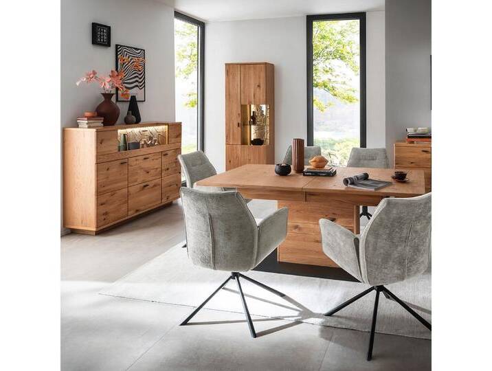 Lomadox Esszimmer-Set VELJE-05, (Spar-Set, 3-St., Esstisch Highboard Vitrine), Ausziehtisch 180/230cm, Eiche teilmassiv mit LED-Beleuchtung, braun von OTTO
