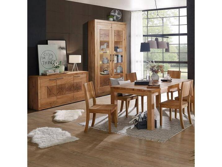 Lomadox Esszimmer-Set WINNIPEG-69, (Spar-Set, 3-St., Sideboard Vitrine Esstisch Beleuchtung), mit 180cm Tisch, Eiche massiv geölt mit Hirnholz-Details, inkl. LED, braun von OTTO