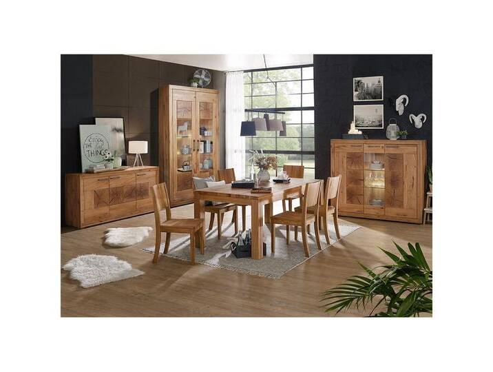 Lomadox Esszimmer-Set WINNIPEG-69, (Spar-Set, 4-St., Sideboard Vitrine Highboard Esstisch), mit 160cm Tisch, Eiche massiv geölt mit Hirnholz-Details, braun von OTTO