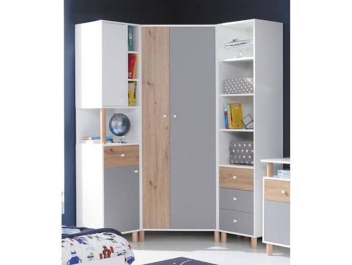 Lomadox Jugendzimmer-Set FAIRFAX-133, (Sparset, 3-tlg), mit Eckkleiderschrank in weiß mit Eiche und grau, weiß von OTTO