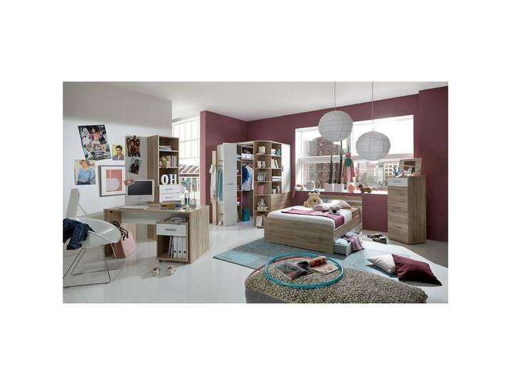 Lomadox Jugendzimmer-Set JOHANNESBURG-43, (Sparset, 8-tlg), San Remo Eiche Nb. und weiß, begehbarer beleuchteter Eckkleiderschrank, braun von OTTO