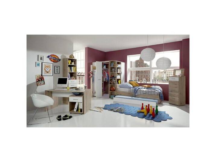 Lomadox Jugendzimmer-Set JOHANNESBURG-43, (Sparset, 8-tlg), San Remo Eiche Nb. und weiß, begehbarer beleuchteter Eckkleiderschrank, braun von OTTO
