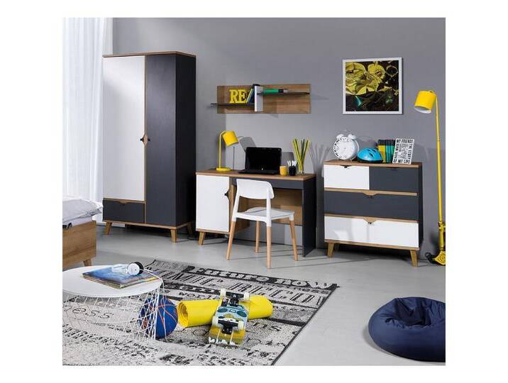 Lomadox Jugendzimmer-Set MARIBOR-132, (Sparset, 4-tlg), Kleiderschrank Schreibtisch Wandboard Kommode Eiche weiß graphit, braun von OTTO