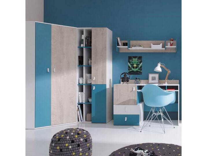 Lomadox Jugendzimmer-Set PITTSBURGH-133, (Sparset, 4-tlg), mit Eckkleiderschrank und Schreibtisch, weiß/Eiche/blau, weiß von OTTO