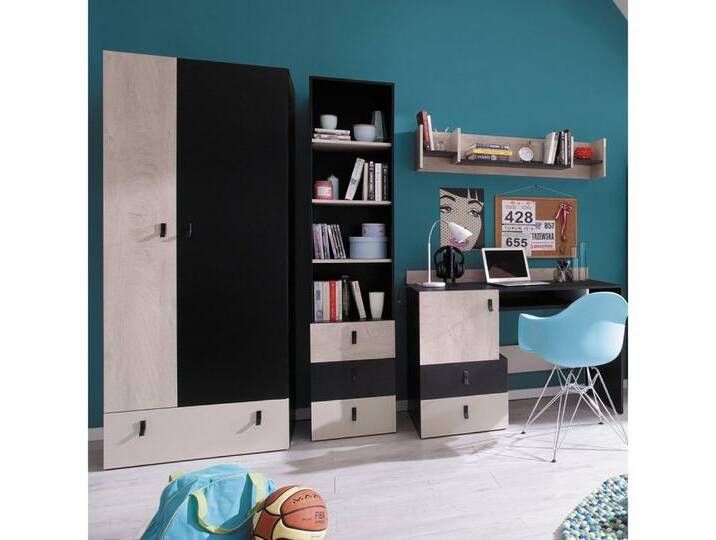 Lomadox Jugendzimmer-Set PITTSBURGH-133, (Sparset, 4-tlg), mit Schreibtisch & Kleiderschrank, schwarz/Eiche/beige, schwarz von OTTO