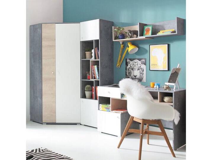 Lomadox Jugendzimmer-Set SEATTLE-133, (Sparset, 4-tlg), mit Eckkleiderschrank und Schreibtisch, in Eiche/weiß/Beton, weiß von OTTO