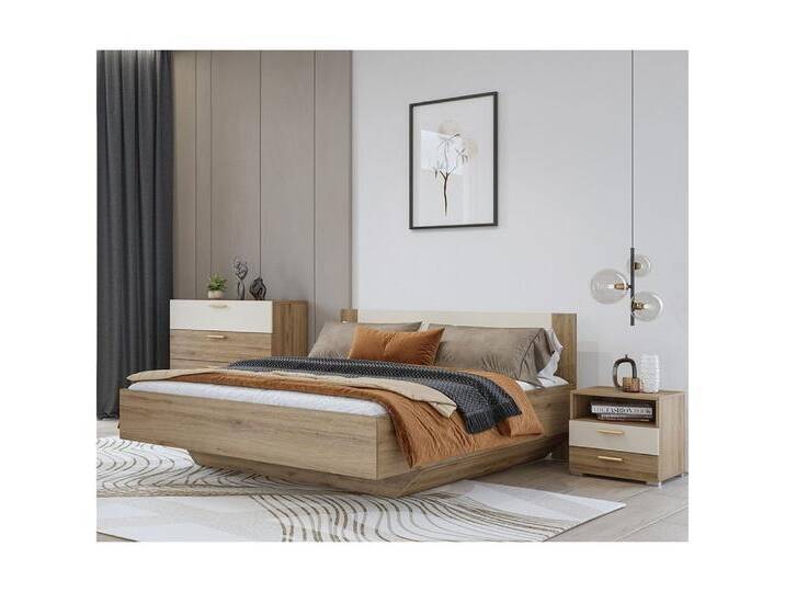 Lomadox Schlafzimmer-Set VARESE-83, (Spar-Set, 3-tlg., Bettgestell klappbarer Lattenrost Nachtkommode Kommode), Eiche mit beige inkl. Lattenrost Bettkasten 160x200cm Liegefläche von OTTO