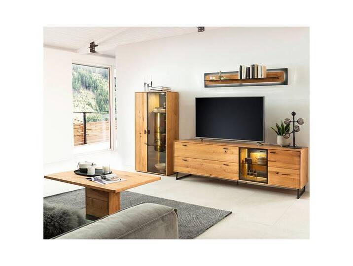 Lomadox Wohnwand AVETRANA-05, (4-St., Couchtisch Highboard Wandboard Lowboard), Wohnwand mit Couchtisch, Wildeiche teilmassiv geölt, inkl. Beleuchtung von OTTO