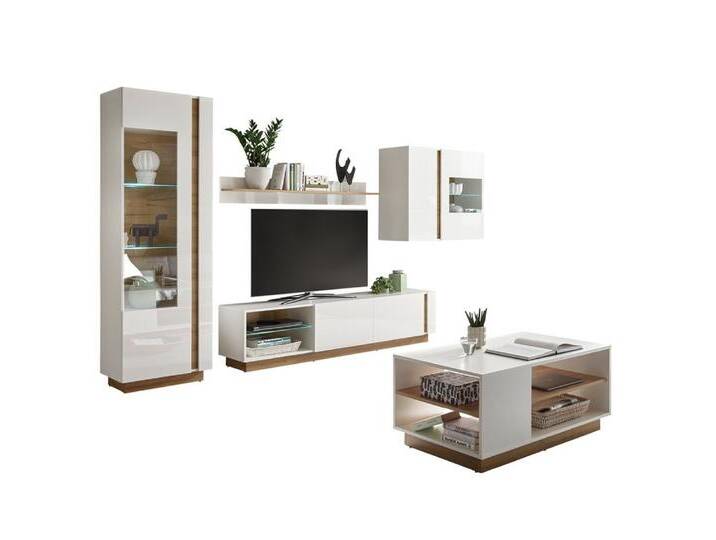 Lomadox Wohnwand CELLE-61, (2-St), mit Couchtisch in weiß Glanz mit Grandson Oak Eiche Nb. 315/194/40 cm, braun weiß von OTTO