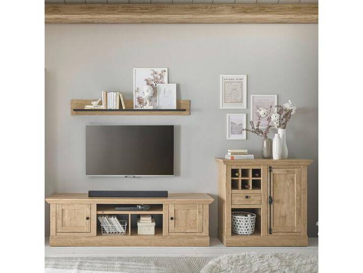 Lomadox Wohnwand COLBY-61, (3-St., Kommode Lowboard Wandregal), in Eiche mit LED-Beleuchtung, Landhausstil, schwarze Metallgriffe, braun von OTTO