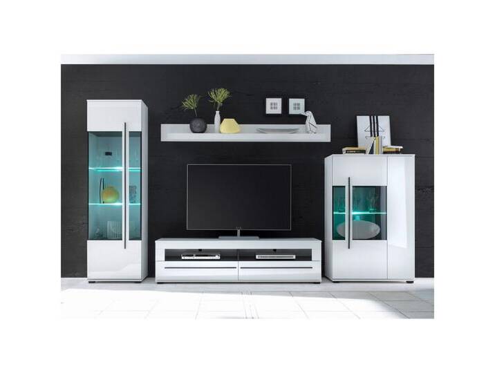 Lomadox Wohnwand COLORADO-61, (2-St), weiß Hochglanz inkl. LED mit Glaseinsätzen aus Grauglas 360x200x42cm, weiß von OTTO