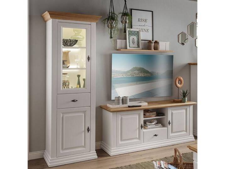 Lomadox Wohnwand ESBJERG-69, (3-St), Kiefer weiß lackiert mit Eiche geölt, Landhausstil, inkl. Beleuchtung, weiß von OTTO