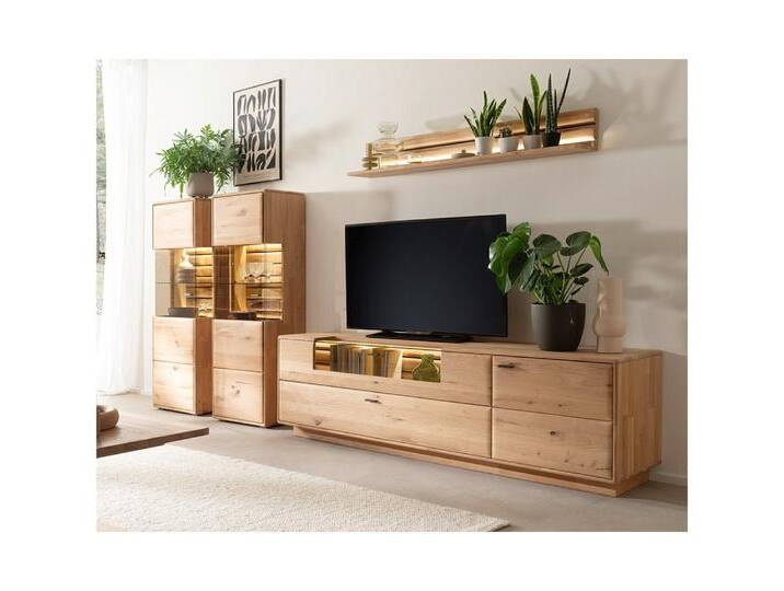 Lomadox Wohnwand GALWAY-05, (4-St., Highboards Wandboard Lowboard), Schrankwand Anbauwand, inkl. LED-Beleuchtung, Eiche massiv geölt, braun von OTTO