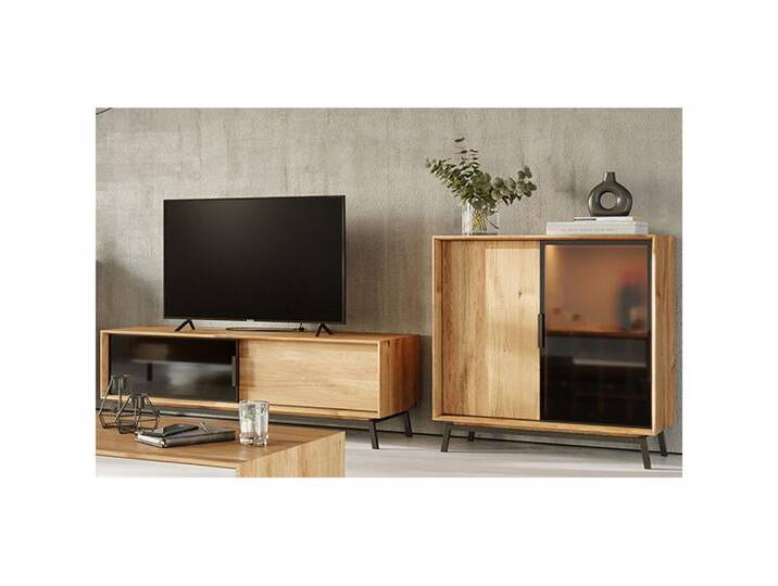 Lomadox Wohnwand MATOLA-163, (2-St., Lowboard Schiebetürenkommode), Schrankwand Anbauwand, Eiche massiv geölt mit Glasfronten, braun von OTTO