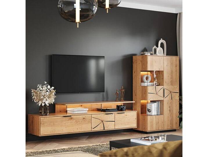 Lomadox Wohnwand TIVAT-163, (2-St., Lowboard Highboard), Eiche massiv geölt inkl. LED-Beleuchtung, Front mit Hirnholzelementen, braun von OTTO