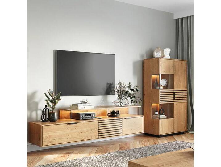 Lomadox Wohnwand TIVAT-163, (2-St., Lowboard Highboard), Eiche massiv geölt inkl. LED-Beleuchtung, Front mit schwarzen Lamellen, braun von OTTO