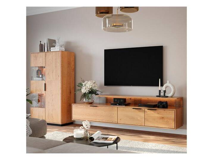 Lomadox Wohnwand TIVAT-163, (2-St., Lowboard Highboard), Eiche massiv geölt inkl. LED-Beleuchtung, braun von OTTO