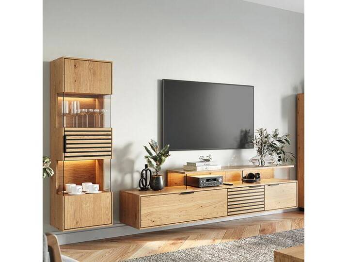 Lomadox Wohnwand TIVAT-163, (2-St., Vitrine Lowboard), Eiche massiv geölt inkl. LED-Beleuchtung, Front mit schwarzen Lamellen, braun von OTTO