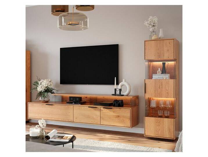Lomadox Wohnwand TIVAT-163, (2-St., Vitrine Lowboard), Eiche massiv geölt inkl. LED-Beleuchtung, braun von OTTO