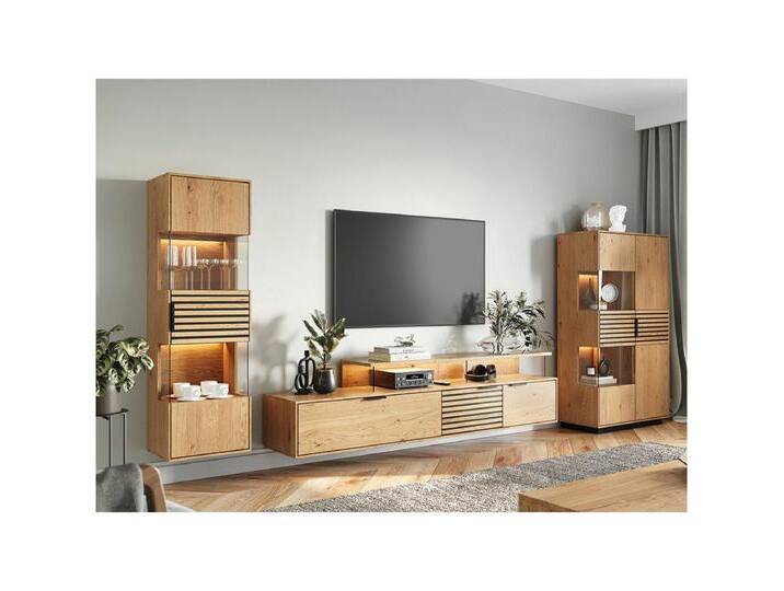 Lomadox Wohnwand TIVAT-163, (3-St., Vitrine Lowboard Highboard), Eiche massiv geölt inkl. LED-Beleuchtung, Front mit schwarzen Lamellen, braun von OTTO
